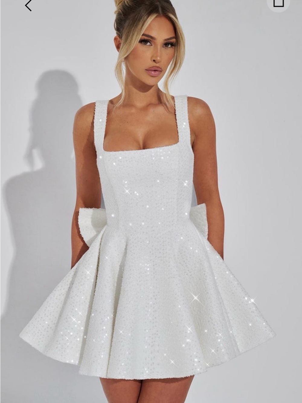 White Sequin Square-Neck Mini Dress with Flared Skirt
